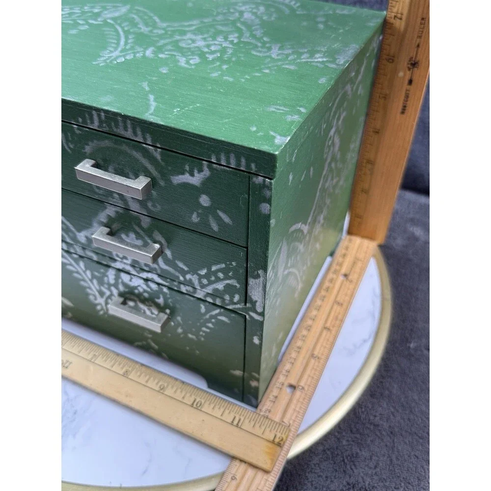 Green Hand Painted Wood Jewelry Box Silver Stencil Mirror Geometric Handmade